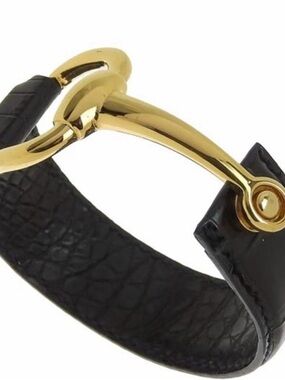 Gucci  Vintage Black Leather Bangle Cuff Belt Bracelet with Gold Horsebit.